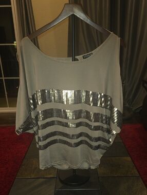 VENUS Taupe Dolman Top with Silver Sequin Stripes